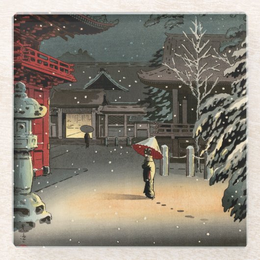 Tsuchiya Koitsu - Sneeuw op Nezu Shrine Glazen Onderzetter (Voorkant)