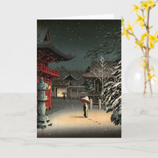 Tsuchiya Koitsu - Sneeuw op Nezu Shrine Kaart (Gele Bloem)