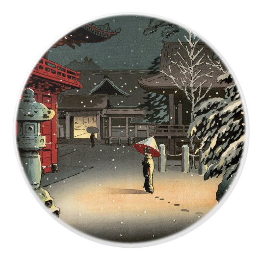 Tsuchiya Koitsu - Sneeuw op Nezu Shrine Keramische Knop (Voorkant)