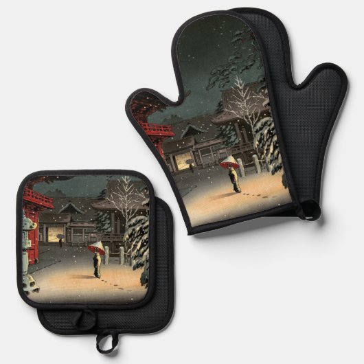 Tsuchiya Koitsu - Sneeuw op Nezu Shrine Ovenwant & Pannenlap Set (Voorkant / Achterkant)