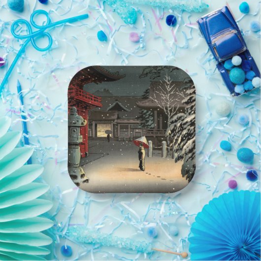 Tsuchiya Koitsu - Sneeuw op Nezu Shrine Papieren Bordje (Feest)