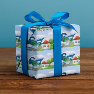 Tsunami-golf die een kustweg raakt Tropische storm Cadeaupapier