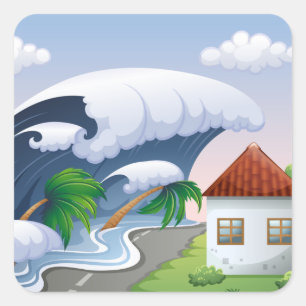 Tsunami-golf die een kustweg raakt Tropische storm Vierkante Sticker