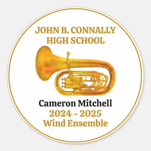 Tuba High School Band Gold gepersonaliseerd Ronde Sticker (Voorkant)
