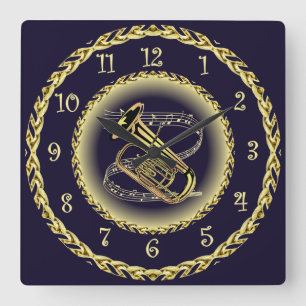Tuba Musical Scroll ~ Gold and Navy Blue ~ Vierkante Klok