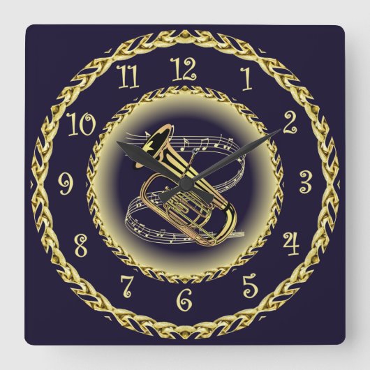 Tuba Musical Scroll ~ Gold and Navy Blue ~ Vierkante Klok (Voorkant)