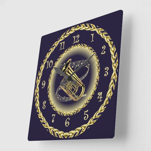 Tuba Musical Scroll ~ Gold and Navy Blue ~ Vierkante Klok (Hoek)
