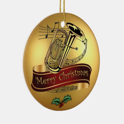 Tuba ~ Musical Scroll ~ Gold ~ "Merry Kerstmis" ~ Keramisch Ornament (Rechts)