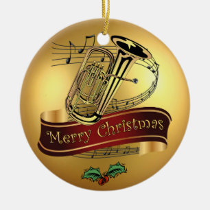 Tuba ~ Musical Scroll ~ Gold ~ "Merry Kerstmis" ~ Keramisch Ornament