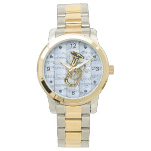 Tuba ~ Rollend blad Muziek ~ Blue Tint Background Horloge