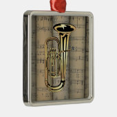 Tuba ~ Rollend blad Muziekachtergrond ~ Musical Metalen Ornament (Rechts)