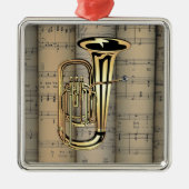 Tuba ~ Rollend blad Muziekachtergrond ~ Musical Metalen Ornament (Voorkant)
