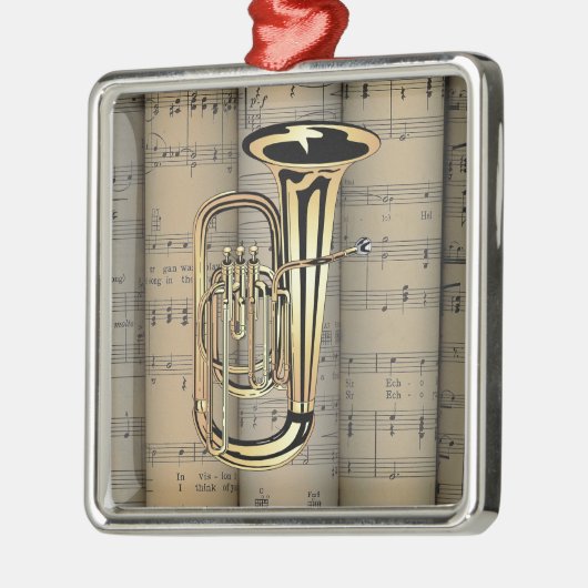 Tuba ~ Rollend blad Muziekachtergrond ~ Musical Metalen Ornament (Links)