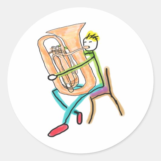Tuba spelende Stickman Ronde Sticker (Voorkant)