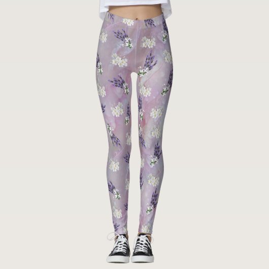 Tuberose en lavender Bloomen op Rozen bladen Leggings (Voorkant)