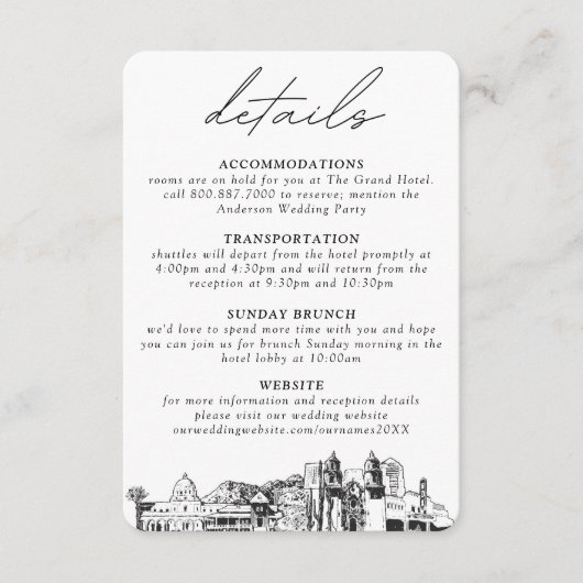 Tucson bruiloft kleine verticale details informatiekaartje (Voorkant)