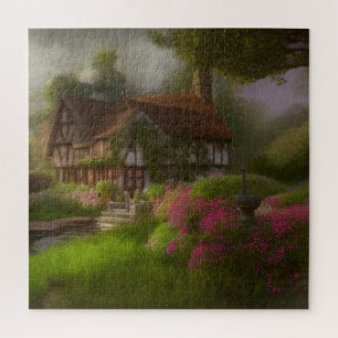 Tudor cottage in misty country garden scene legpuzzel