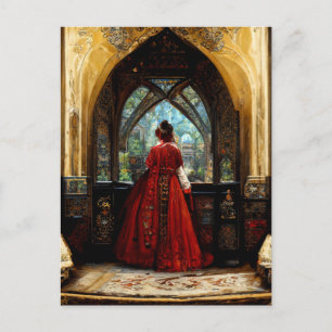 Tudor-vrouw in crimson gown briefkaart