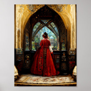 Tudor-vrouw in crimson gown poster