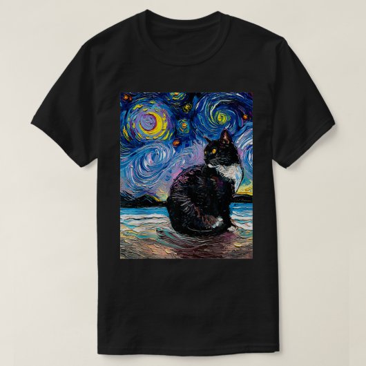 Tuedo Cat over Beach Sterrennacht Impressionist Ar T-shirt (Design voorkant)