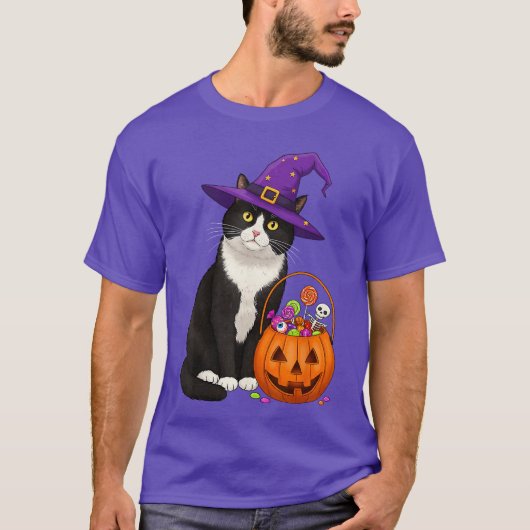 Tuedo Witch Cat Halloween Candy Basket for Men Wom T-shirt (Voorkant)