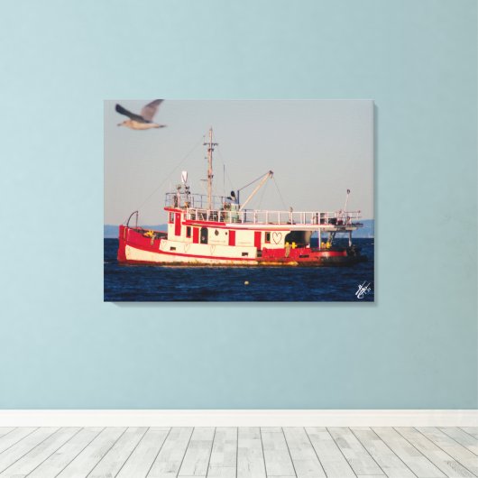 Tug Boat op Mutiny Bay met een vogel Canvas Afdruk (Insitu (Houten vloer))