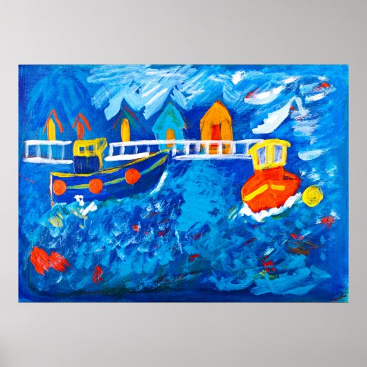 Tug boten op zee acrylschilderij van Kay Gale Poster (Voorkant)