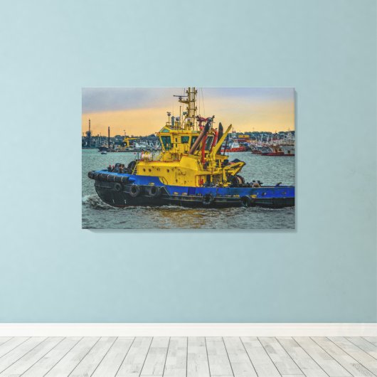 Tugboat sailing at river, montevideo, uruguay canvas afdruk (Insitu (Houten vloer))