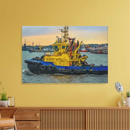 Tugboat sailing at river, montevideo, uruguay canvas afdruk (Insitu (Woonkamer))