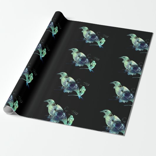 Tui & Kowhai Bloemen Paua Seashell Inlay Cadeaupapier (Uitgerold)