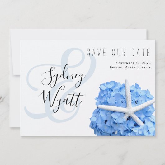 Tuin aan zee blauwe hortensia zeester save the date (Voorkant)