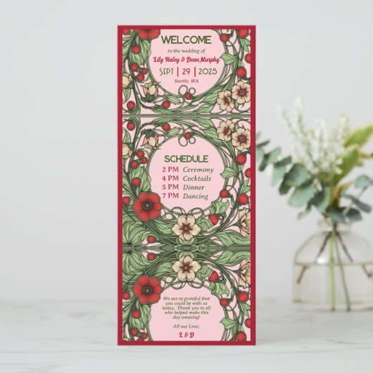  tuin art nouveau bruiloft programmakaart (Staand voorkant)