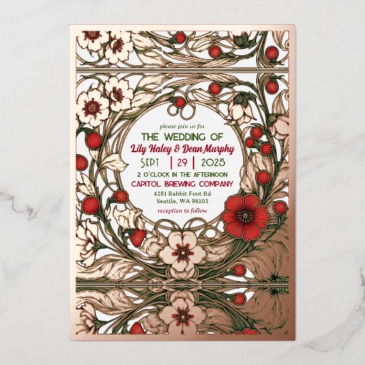  Tuin Art Nouveau Bruiloft Roos Goud Folie Uitnodiging (Voorkant)