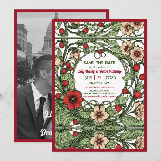 tuin art nouveau bruiloft save the date (Voorkant / Achterkant)