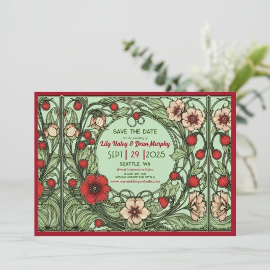 tuin art nouveau bruiloft save the date (Staand voorkant)