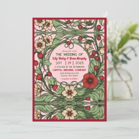 tuin art nouveau bruiloft uitnodiging (Staand voorkant)