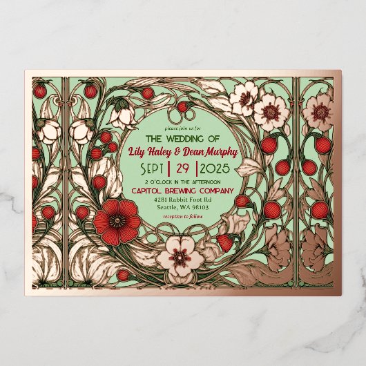  Tuin Art Nouveau Roos Gold Folie Uitnodiging (Voorkant)