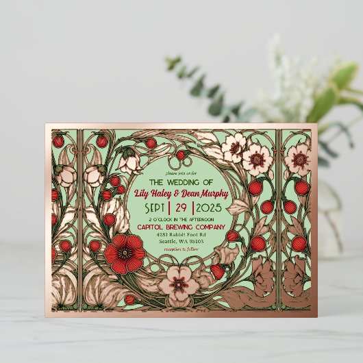  Tuin Art Nouveau Roos Gold Folie Uitnodiging (Staand Voorkant)