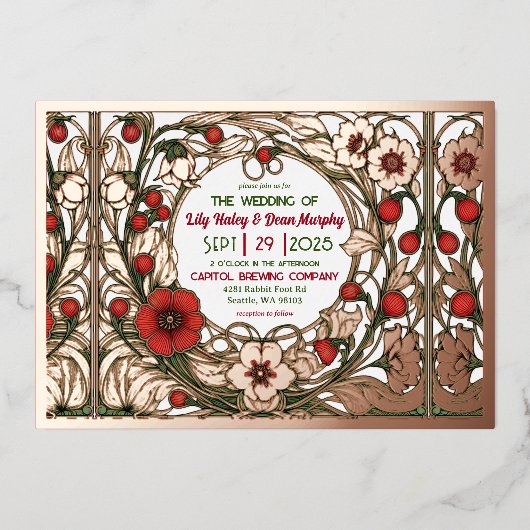 Tuin Art Nouveau Roos Gold Folie Uitnodiging (Voorkant)