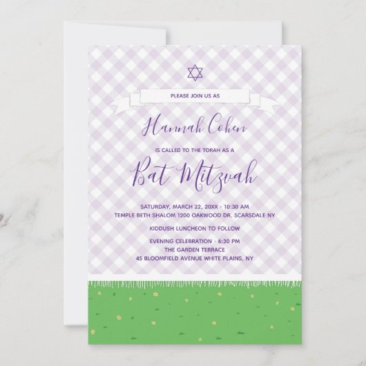 Tuin Bat Mitzvah-uitnodiging Gingham Kaart (Voorkant)