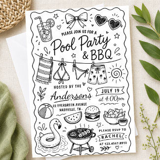Tuin BBQ Feest Zomer Handgetekende krabbel Rustiek Kaart