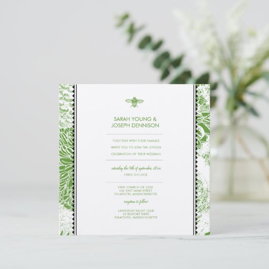 Tuin Bee Groen Toile Bruiloft Uitnodiging (Staand voorkant)