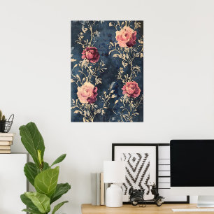 Tuin bij Maneschijn – Oude Rozen op Middernachtbla Poster
