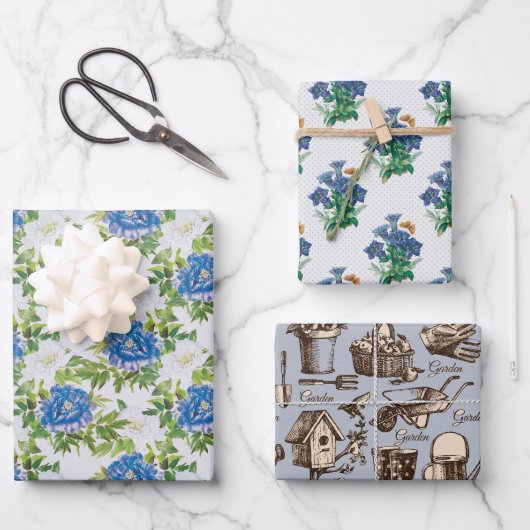Tuin Blauw Inpakpapier Plat Vel Set van 3 (Voorkant)