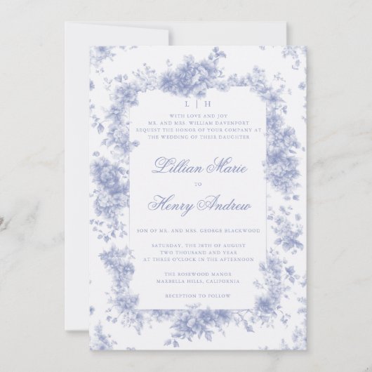  Tuin Blauw Toile Franse Bloemen Huwelijk Kaart (Voorkant)