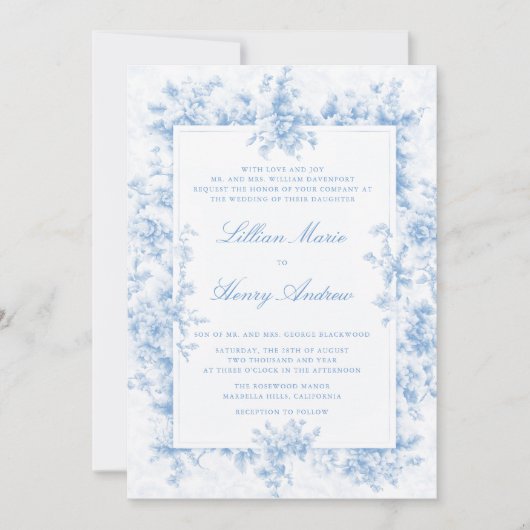  Tuin Blauw Toile Franse Lijst bruiloft Kaart (Voorkant)