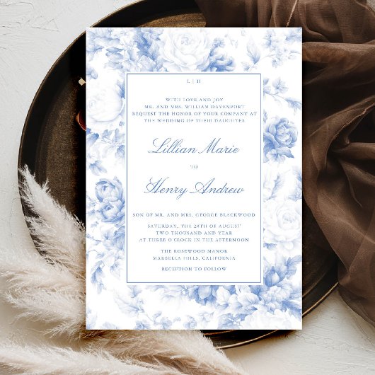 Tuin Blauw Toile Modern Classic Wedding Kaart