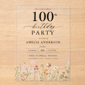 Tuin Bloem Calligrafie 100ste Verjaardag Acryl Uitnodigingen (Voorkant)