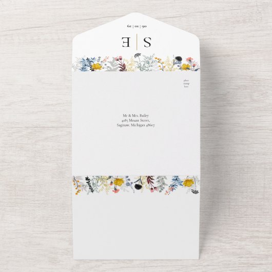 Tuin Bloem QR Code Elegante Monogram Huwelijk All In One Uitnodiging (Buitenkant)