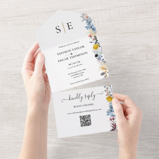 Tuin Bloem QR Code Elegante Monogram Huwelijk All In One Uitnodiging (Afscheurbaar)